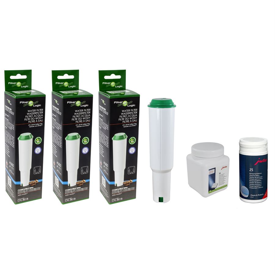 Filter Logic CFL-801B (za Jura Claris White) 3 ks + Jura dvoufázové čisticí tablety 25 ks + Jura odvápňovací tablety 36 ks