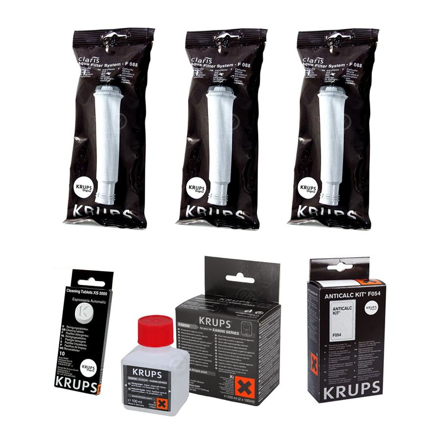 Krups F08801 Aqua Filter Claris 3 ks + F0540010 + XS300010  čisticí tablety + XS900010  čisticí tekutina do Barista